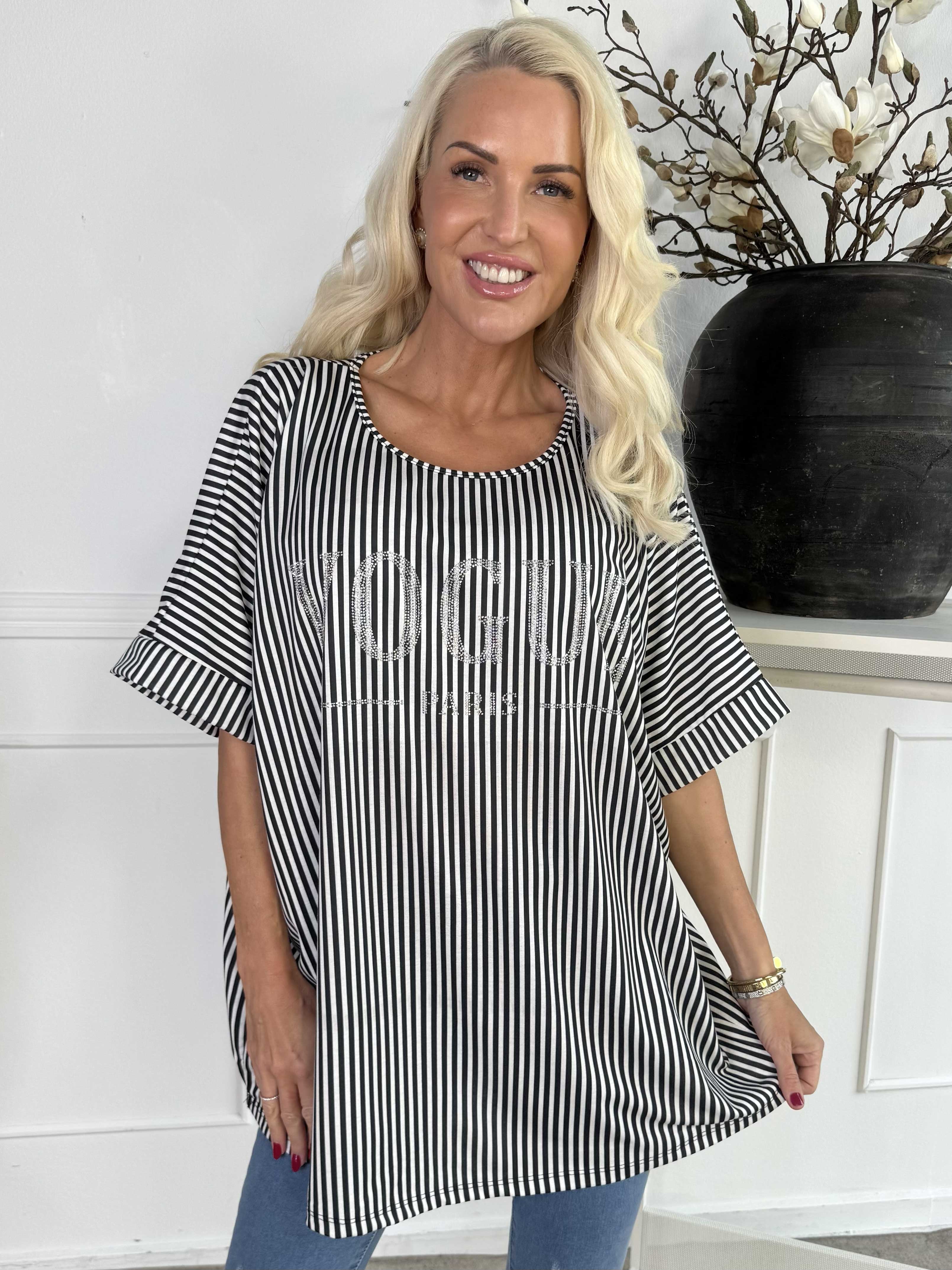 Mintu Stripe - Stribet t-shirt med vogue stående med glittrende similisten